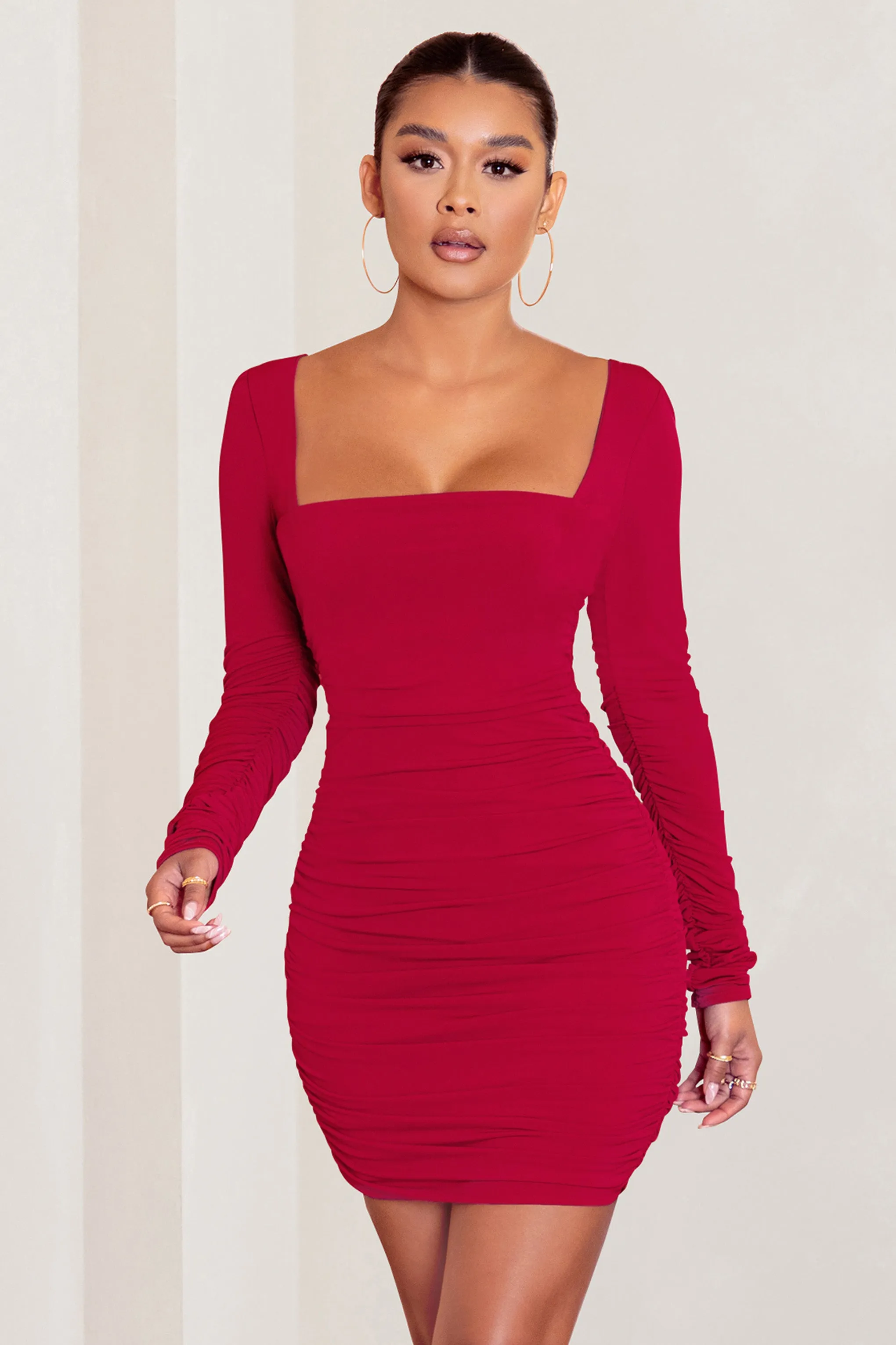 Muse | Red Long Sleeve Square Neck Ruched Mini Dress