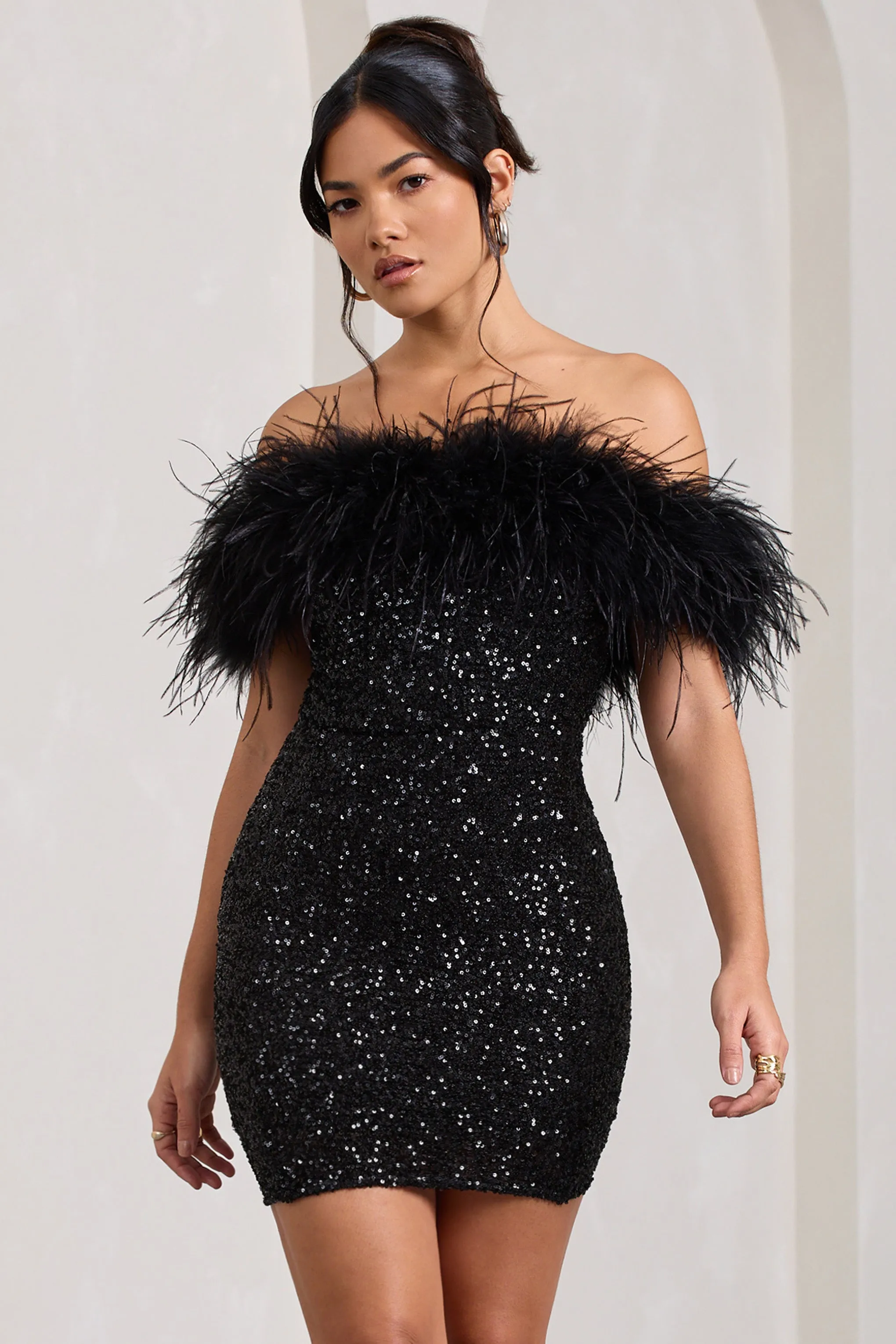 New Money | Black Bodycon Sequin Mini Dress With Feather Trim