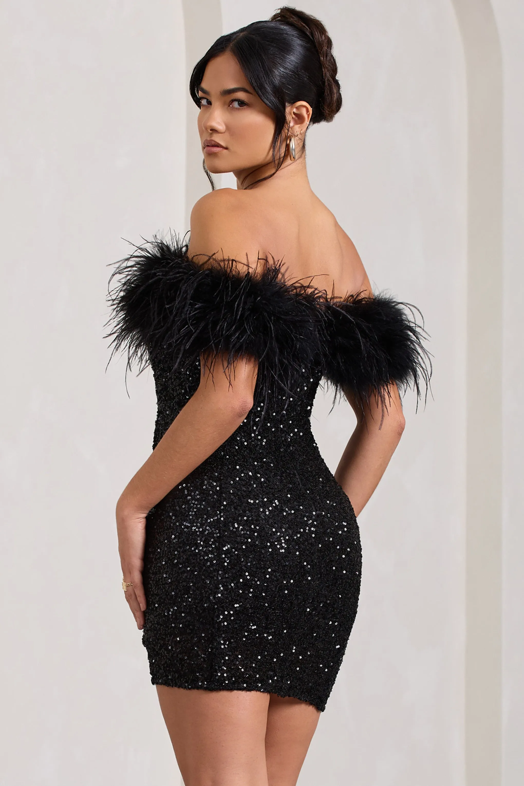 New Money | Black Bodycon Sequin Mini Dress With Feather Trim