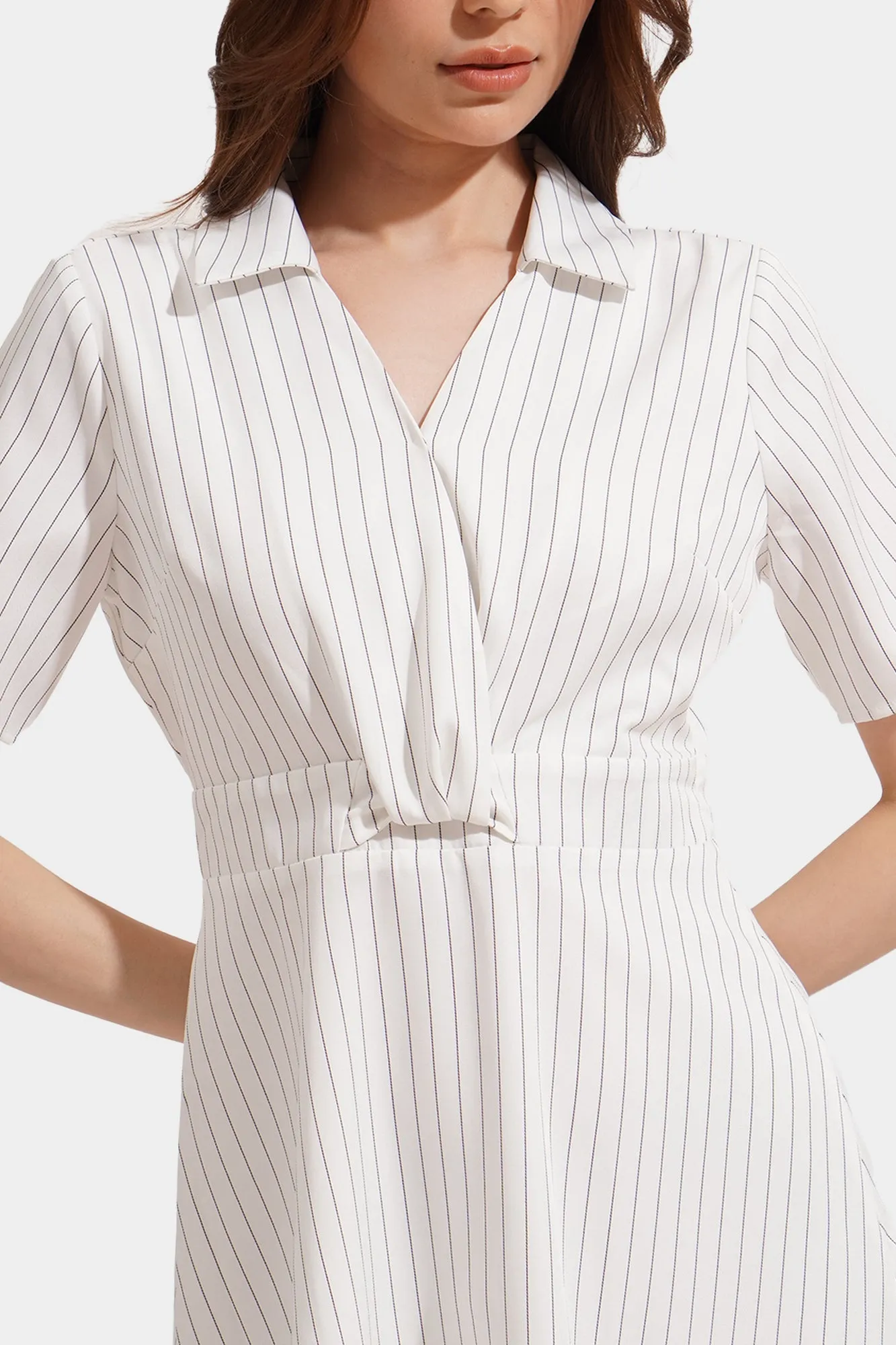 Pinstripes Twist Front Midi Dress