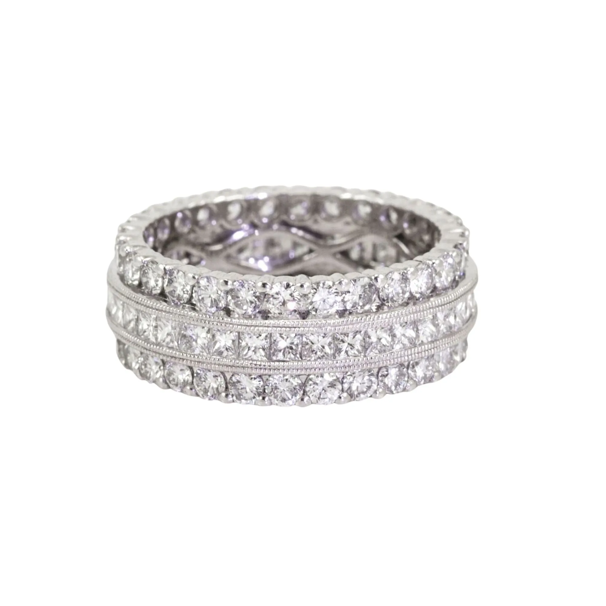 PLATINUM ETERNITY BAND CHANNEL SET PRINCESS CUT AND ROUND DIAMONDS