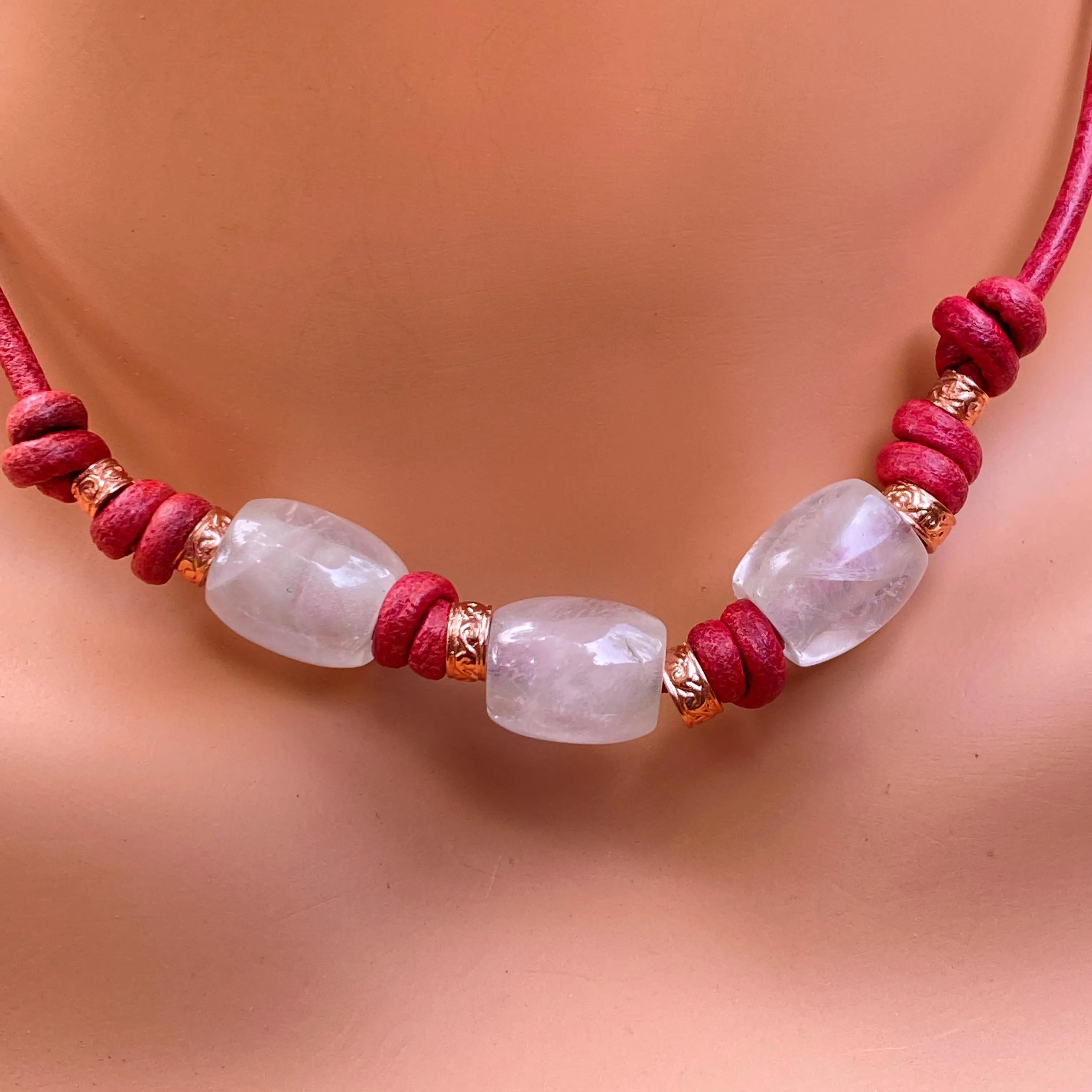 Quartz Gemstone and Copper on Red Leather Necklace