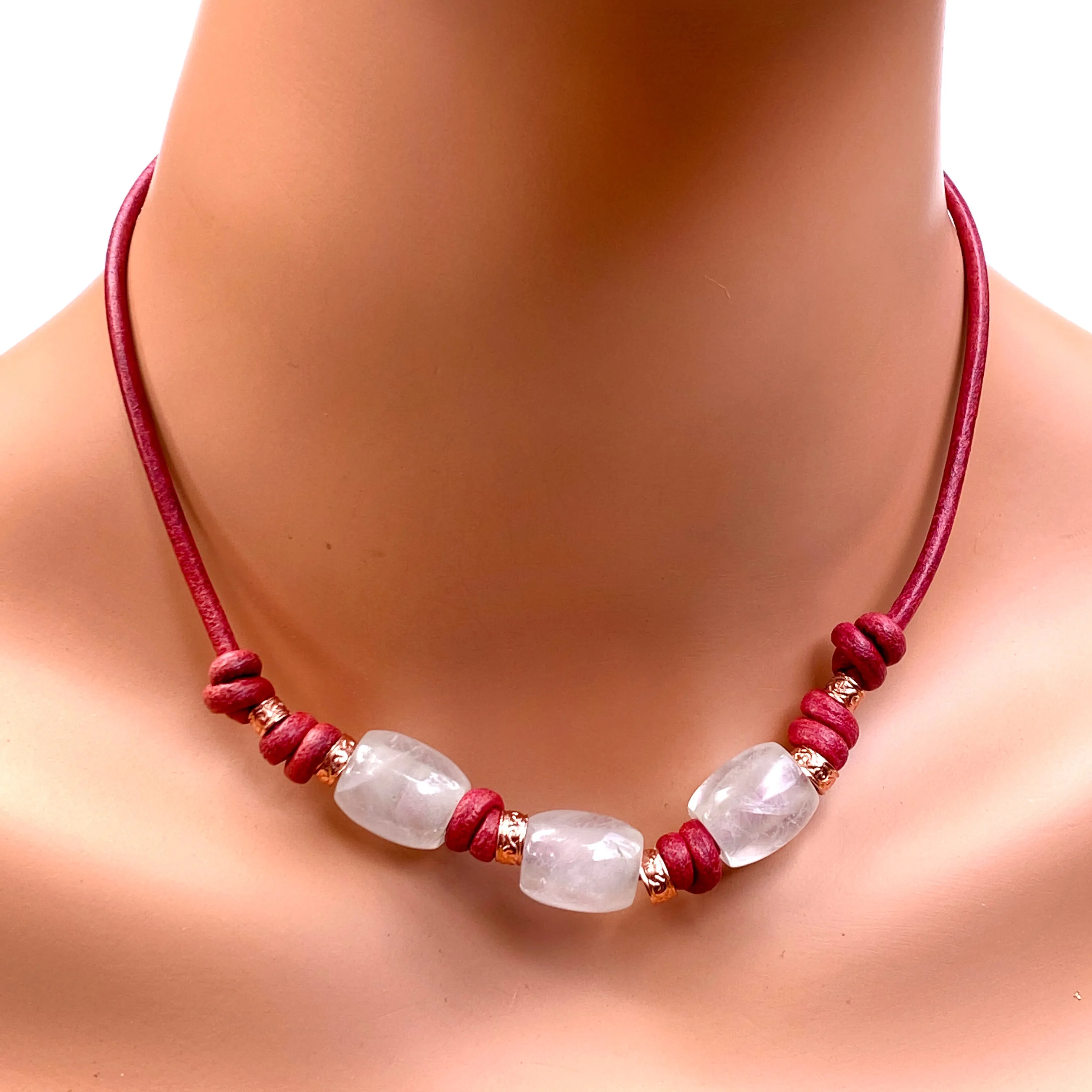 Quartz Gemstone and Copper on Red Leather Necklace