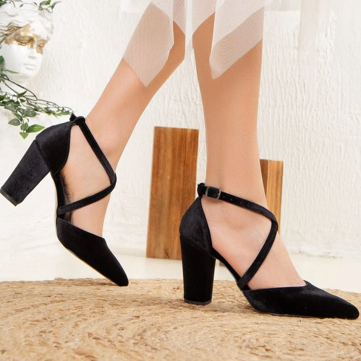 Sina Vegan Velvet Criss Cross Heels | Black