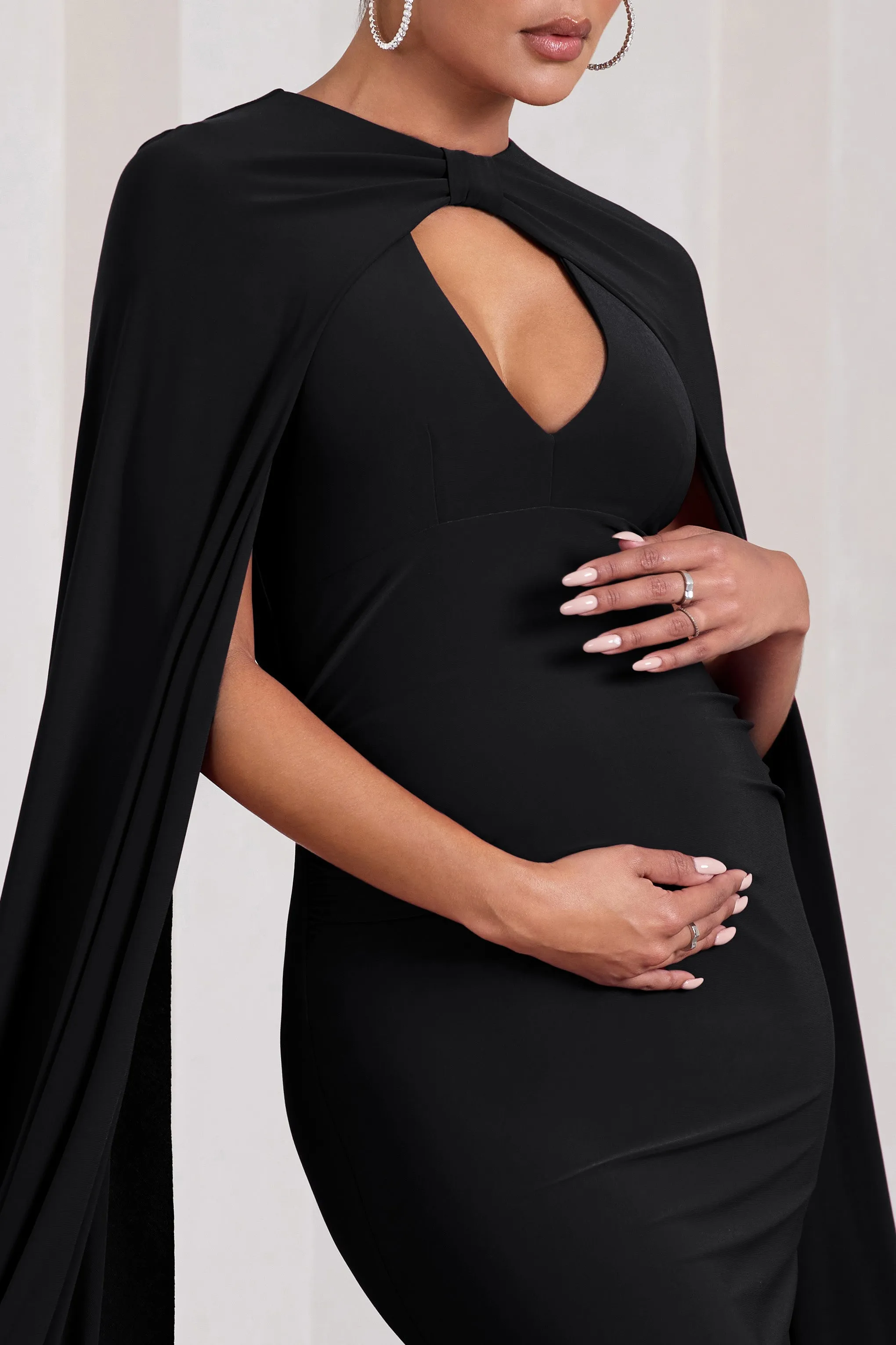 Standing Ovation | Black Plunge-Neck Cape Maternity Maxi Dress