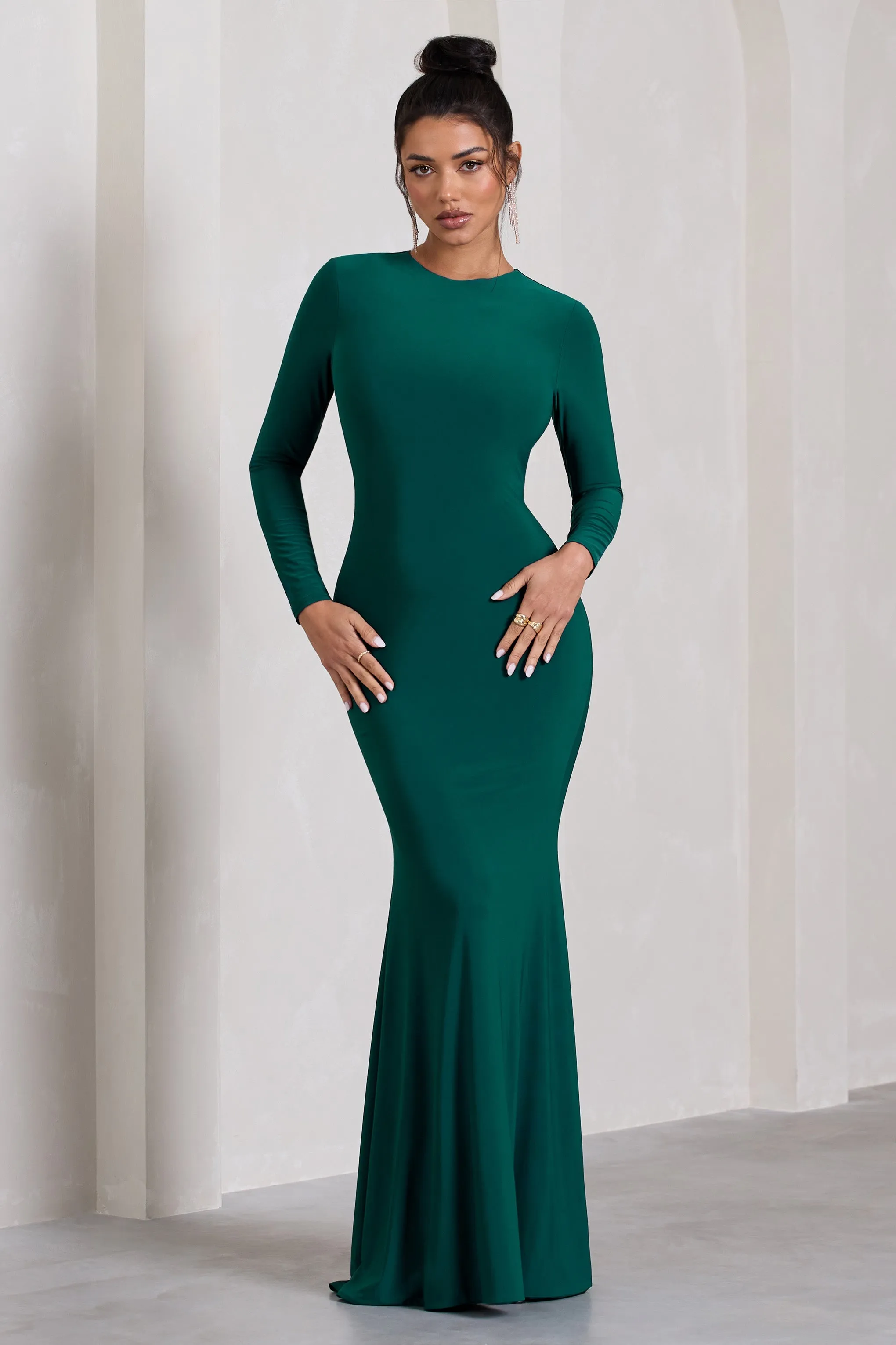 Starring | Bottle Green Long-Sleeve Backless Fishtail Maxi Dress