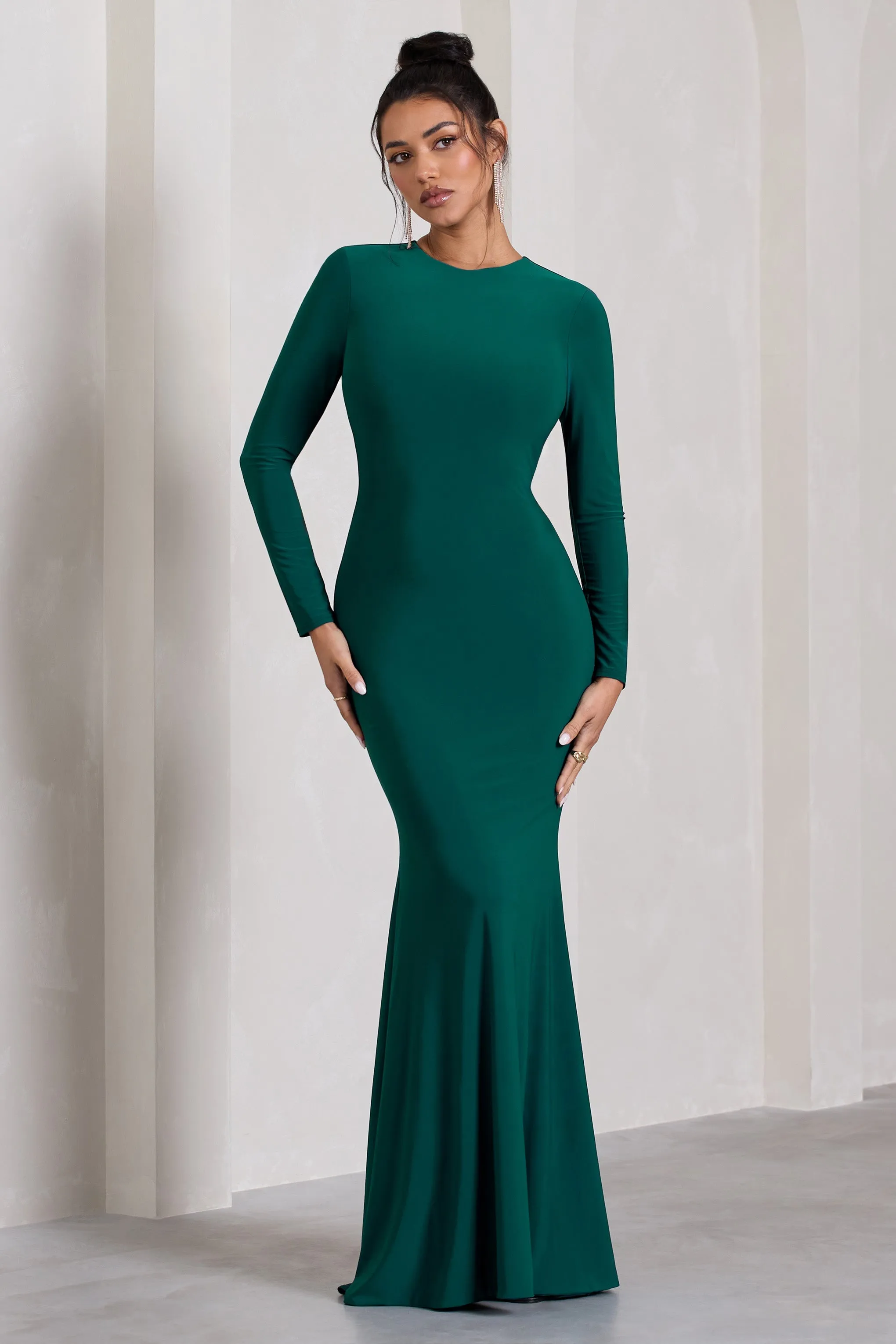 Starring | Bottle Green Long-Sleeve Backless Fishtail Maxi Dress