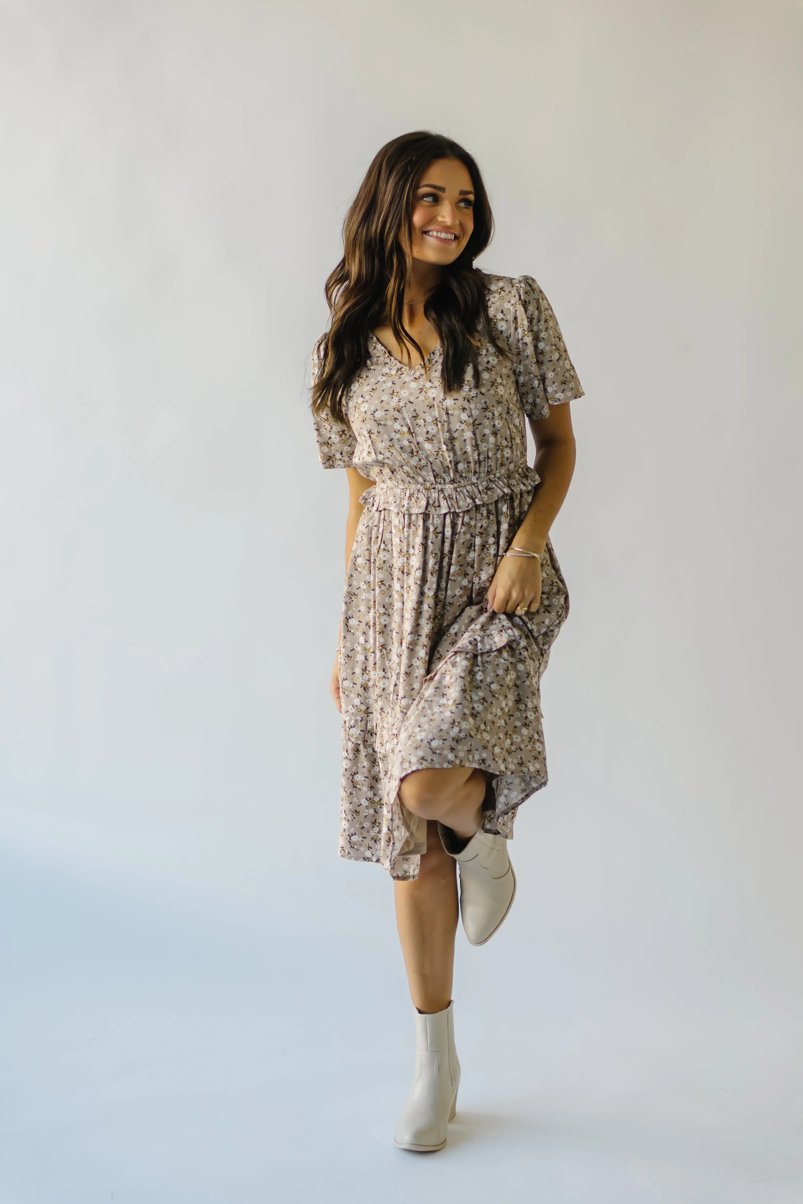 The Kasi Floral Midi Dress in Nightingale Gray