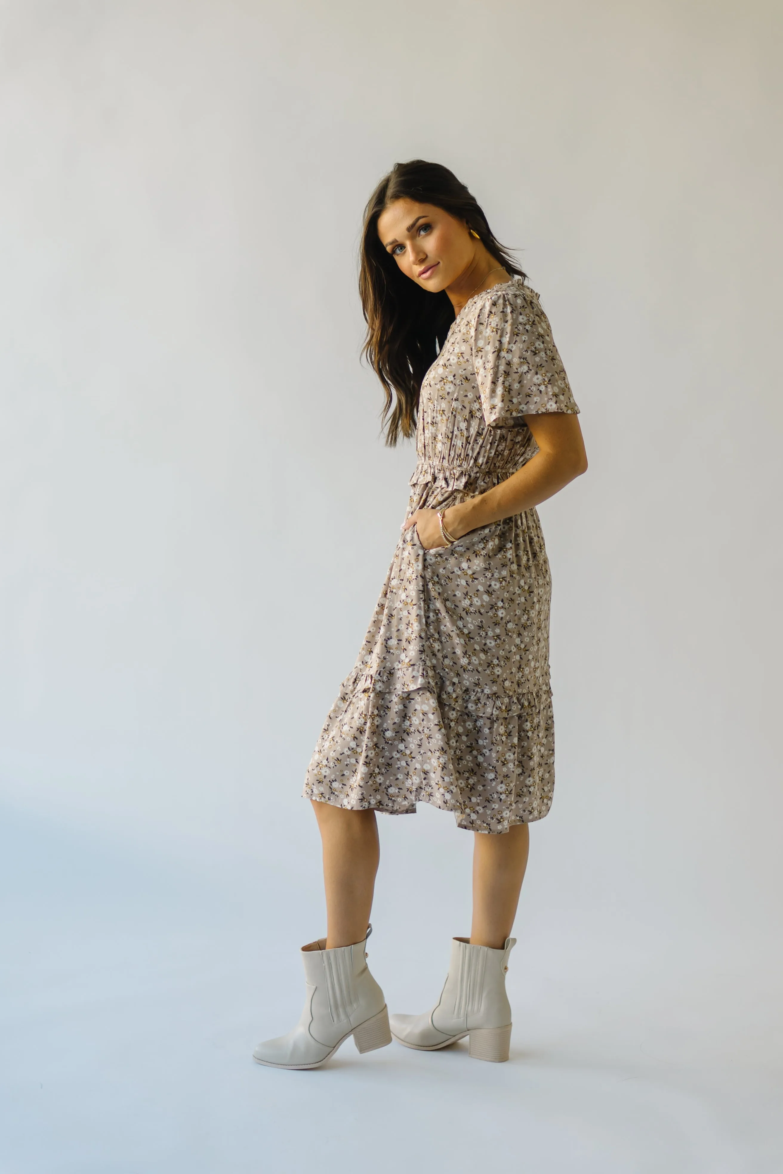 The Kasi Floral Midi Dress in Nightingale Gray