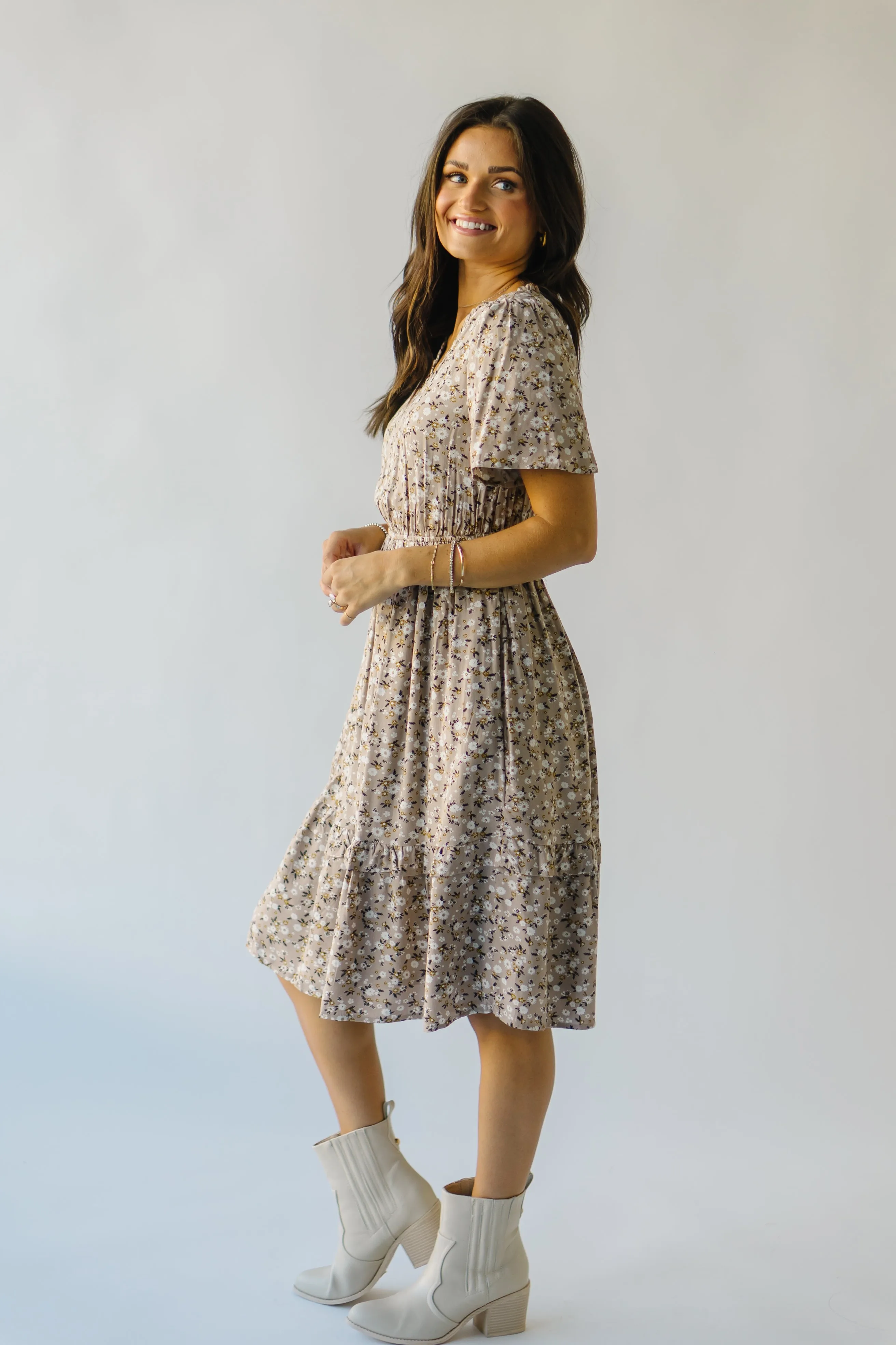 The Kasi Floral Midi Dress in Nightingale Gray