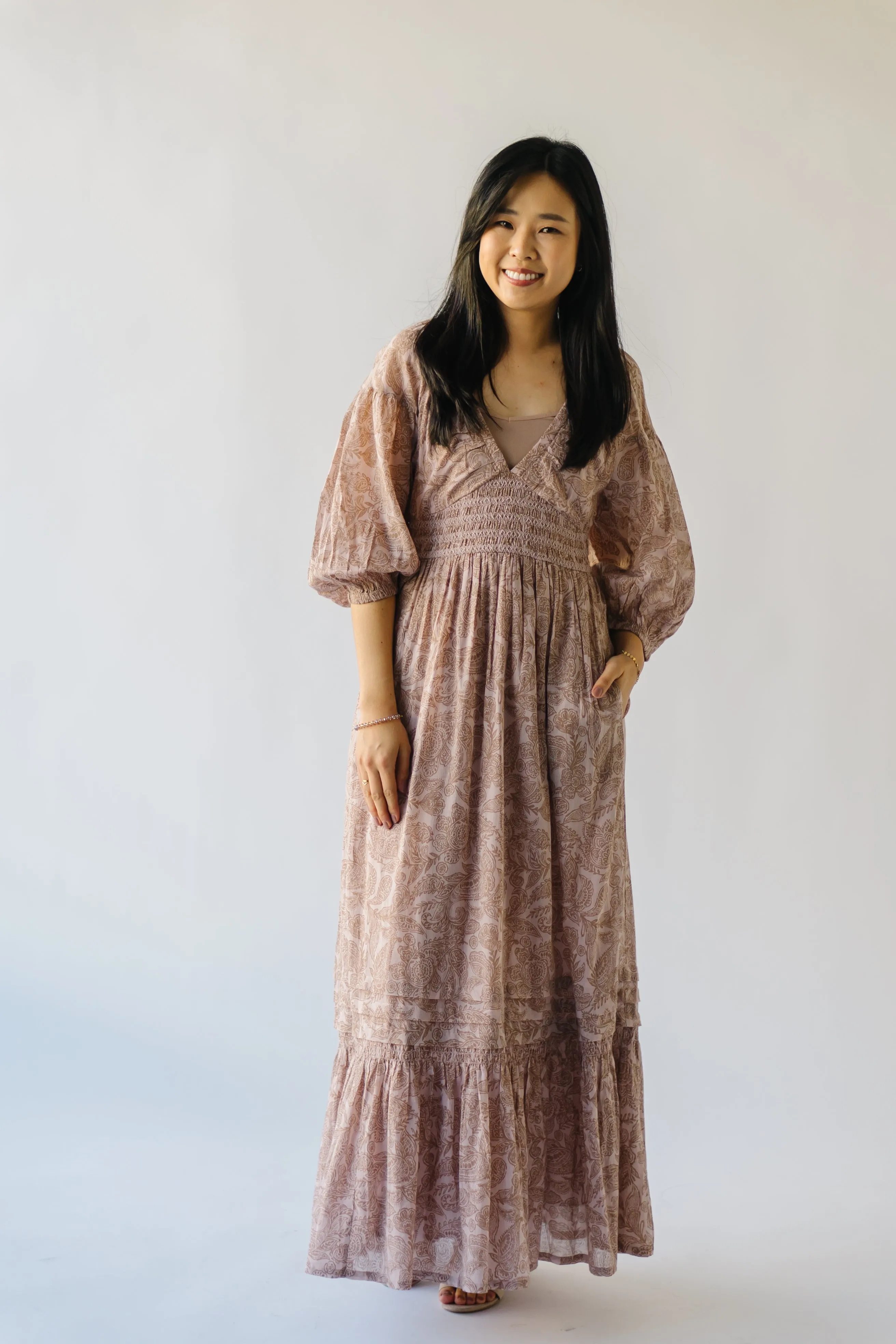 The Lewiston Smocked Detail Maxi Dress in Sandstone