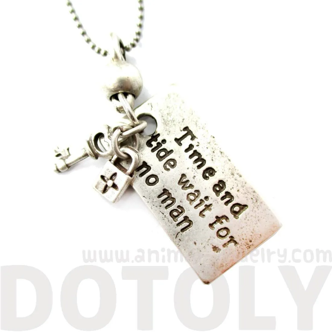 Time and Tide Wait For No Man Quote Shaped Pendant Necklace in Silver