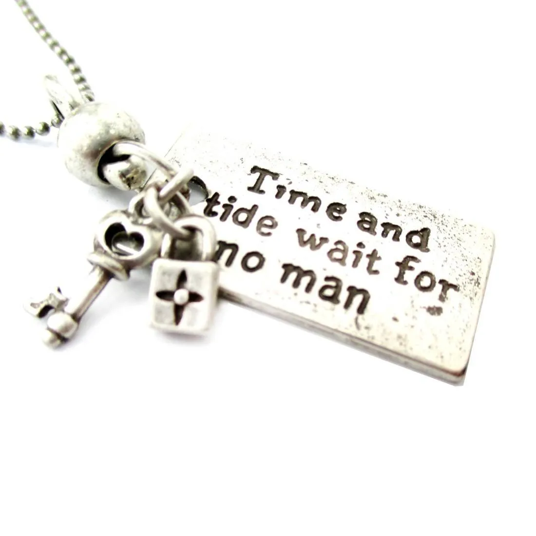 Time and Tide Wait For No Man Quote Shaped Pendant Necklace in Silver