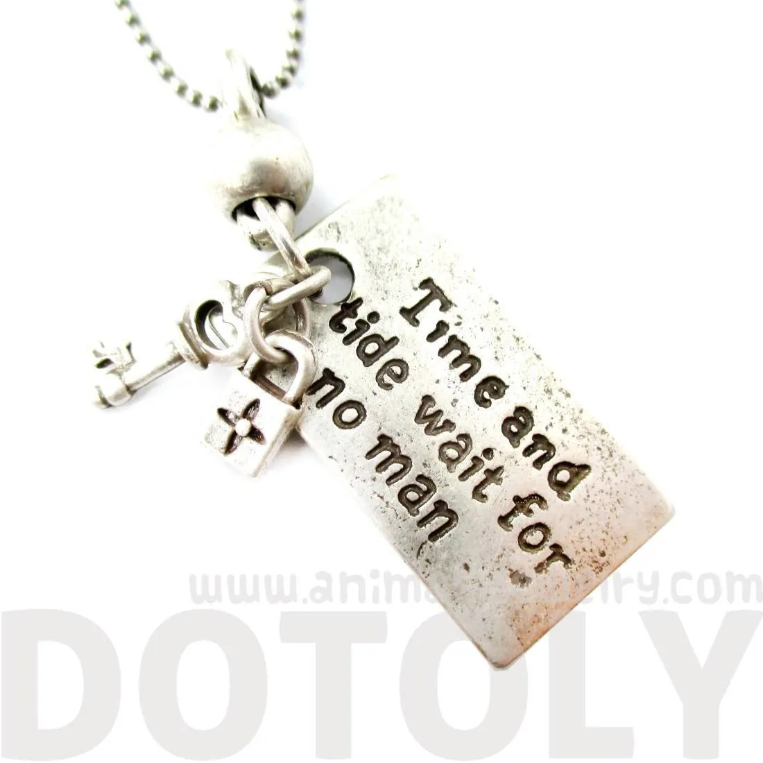 Time and Tide Wait For No Man Quote Shaped Pendant Necklace in Silver