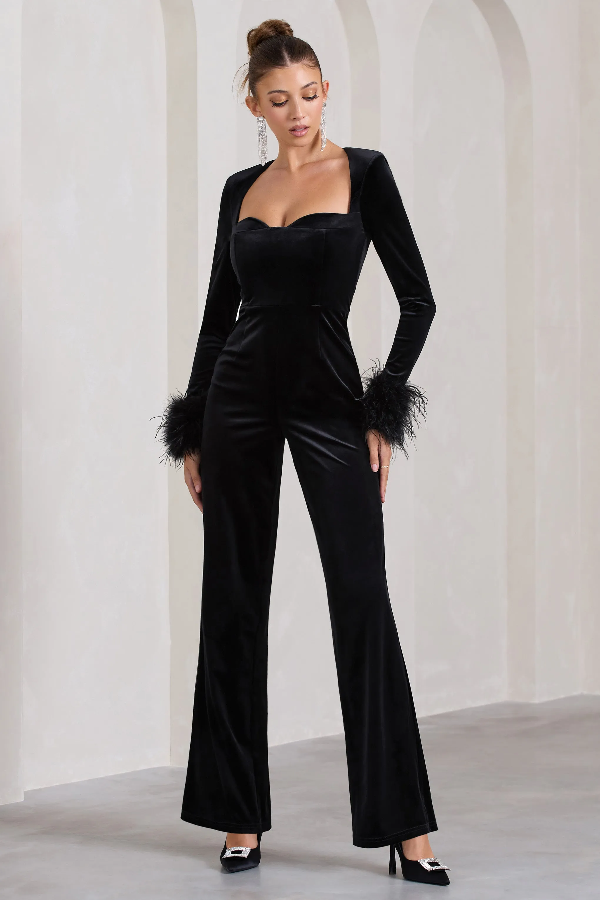 Trailblazer | Black Velvet Long-Sleeved Jumpsuit With Feather Cuffs