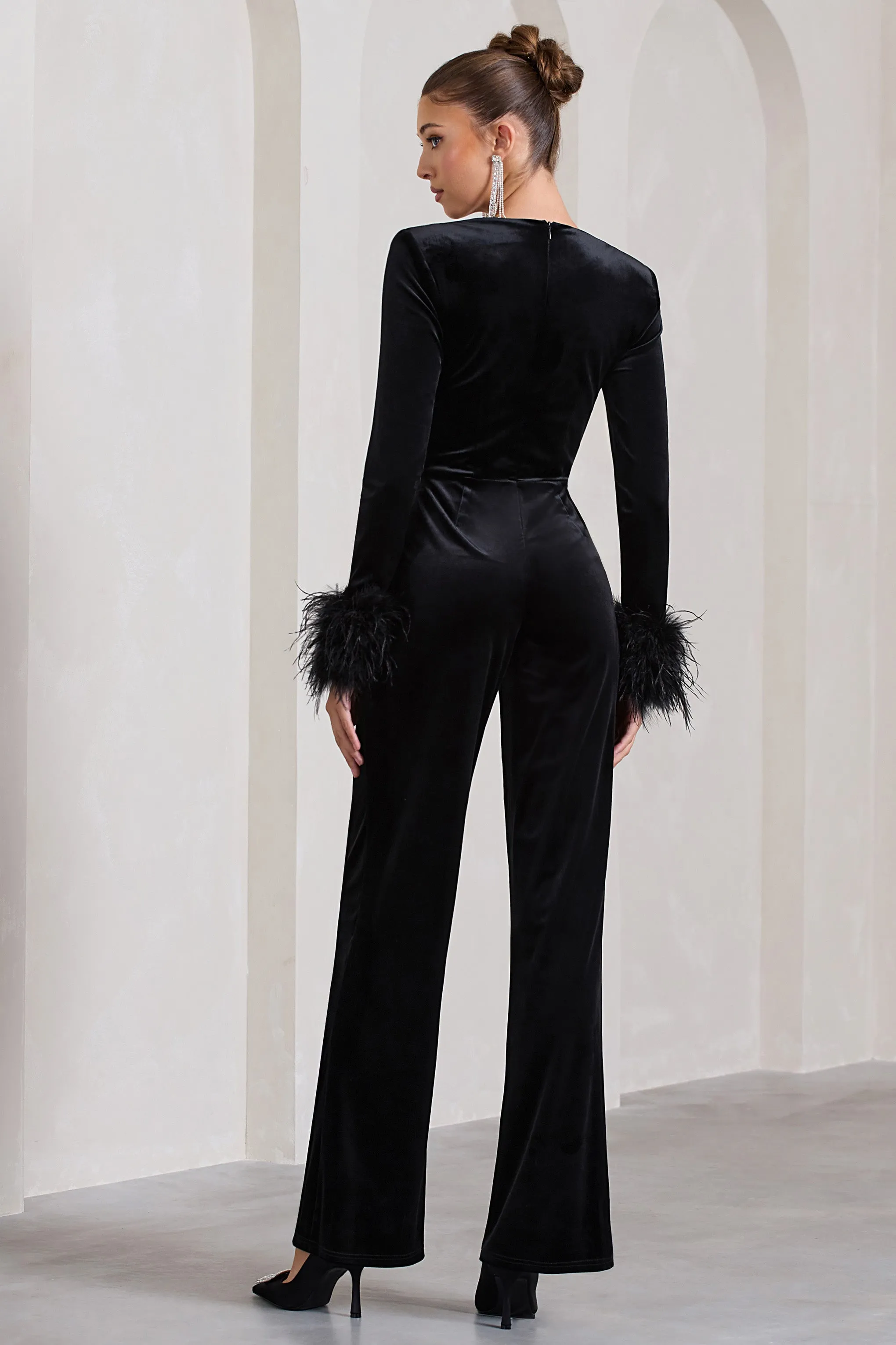 Trailblazer | Black Velvet Long-Sleeved Jumpsuit With Feather Cuffs