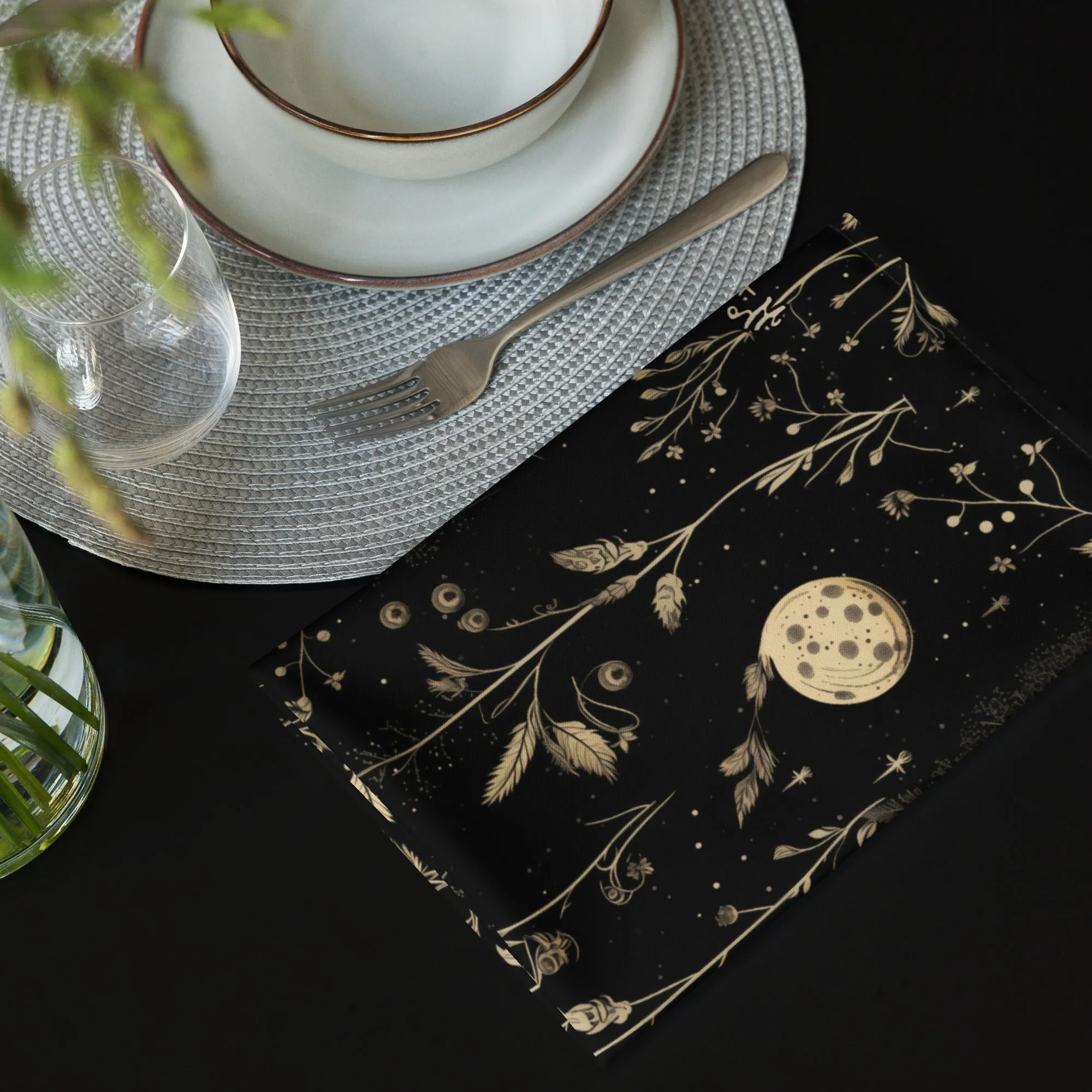 Twilight Garden Cloth Napkins Set of 4 - Botanical Dark Academia Home Decor - Pagan Witchy Gothic Kitchen Table Setup - Goth Gifts