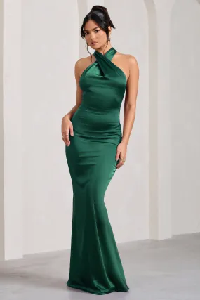 Unstoppable | Bottle Green Satin Cross Over Halterneck Maxi Dress