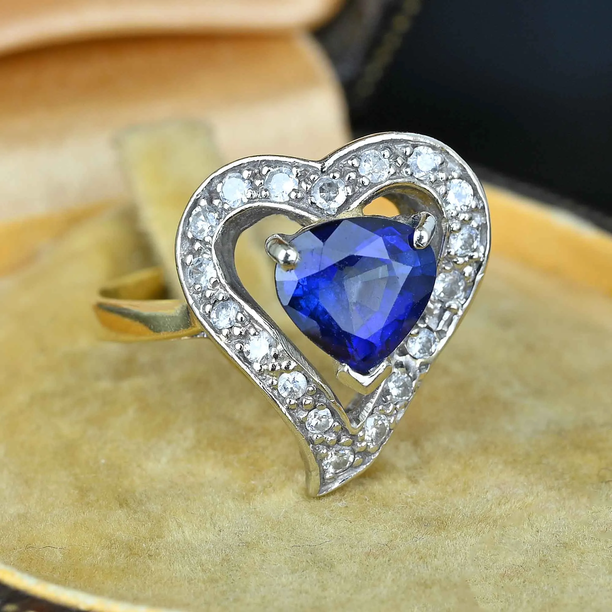 Vintage 14K Gold Diamond Halo Witches Heart Sapphire Ring