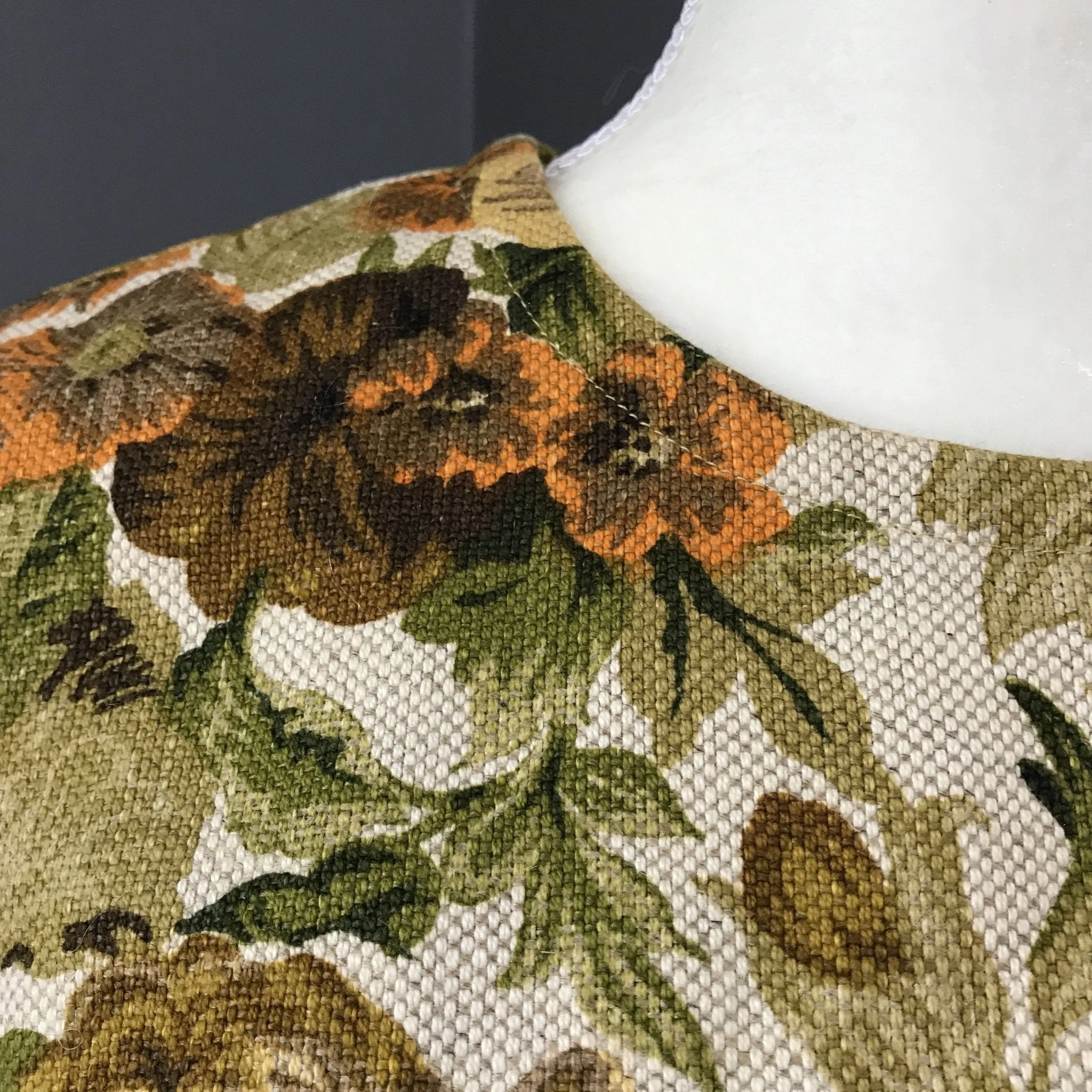 Vintage Floral Dress by Edith Flagg. Jacquard Sheath Dress. Flowers in Green, Cream, Orange, Brown.