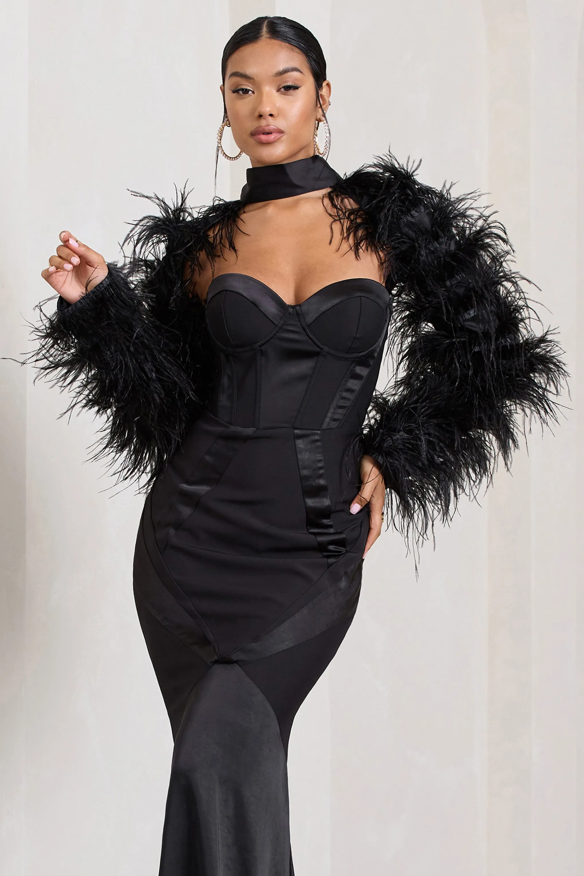 Wild | Black Satin Jacket With Long Feather Sleeves