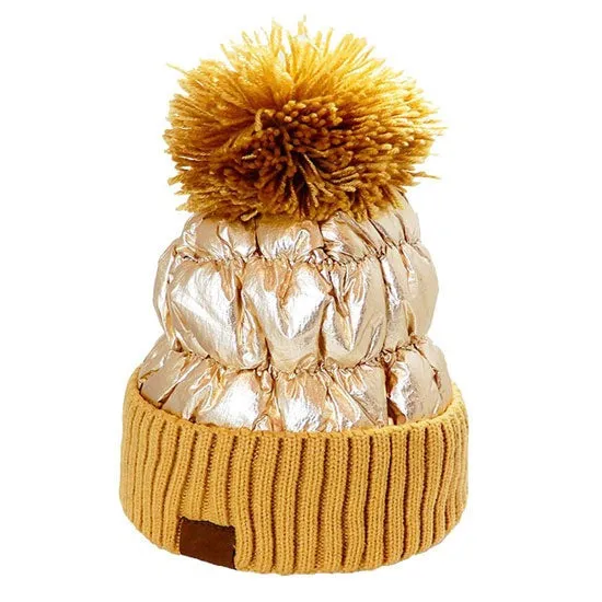 Winter Cozy Puffer Knit Pom Pom Glossy Beanie Hat