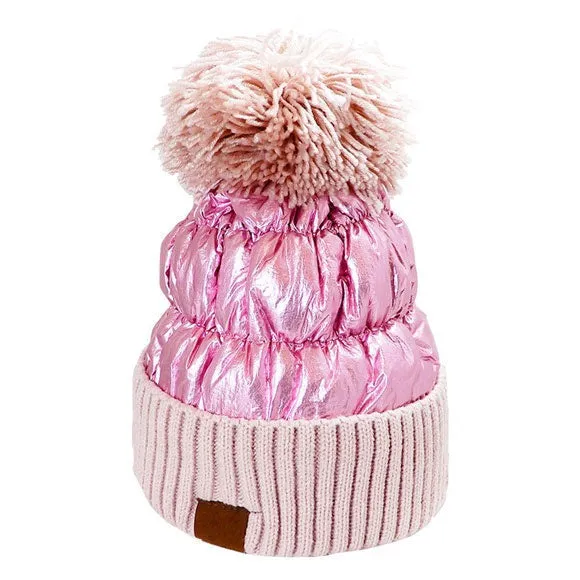 Winter Cozy Puffer Knit Pom Pom Glossy Beanie Hat