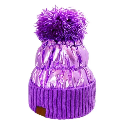 Winter Cozy Puffer Knit Pom Pom Glossy Beanie Hat