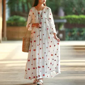 Women A-Line Floral Gathered Cotton Long Sleeve Dress