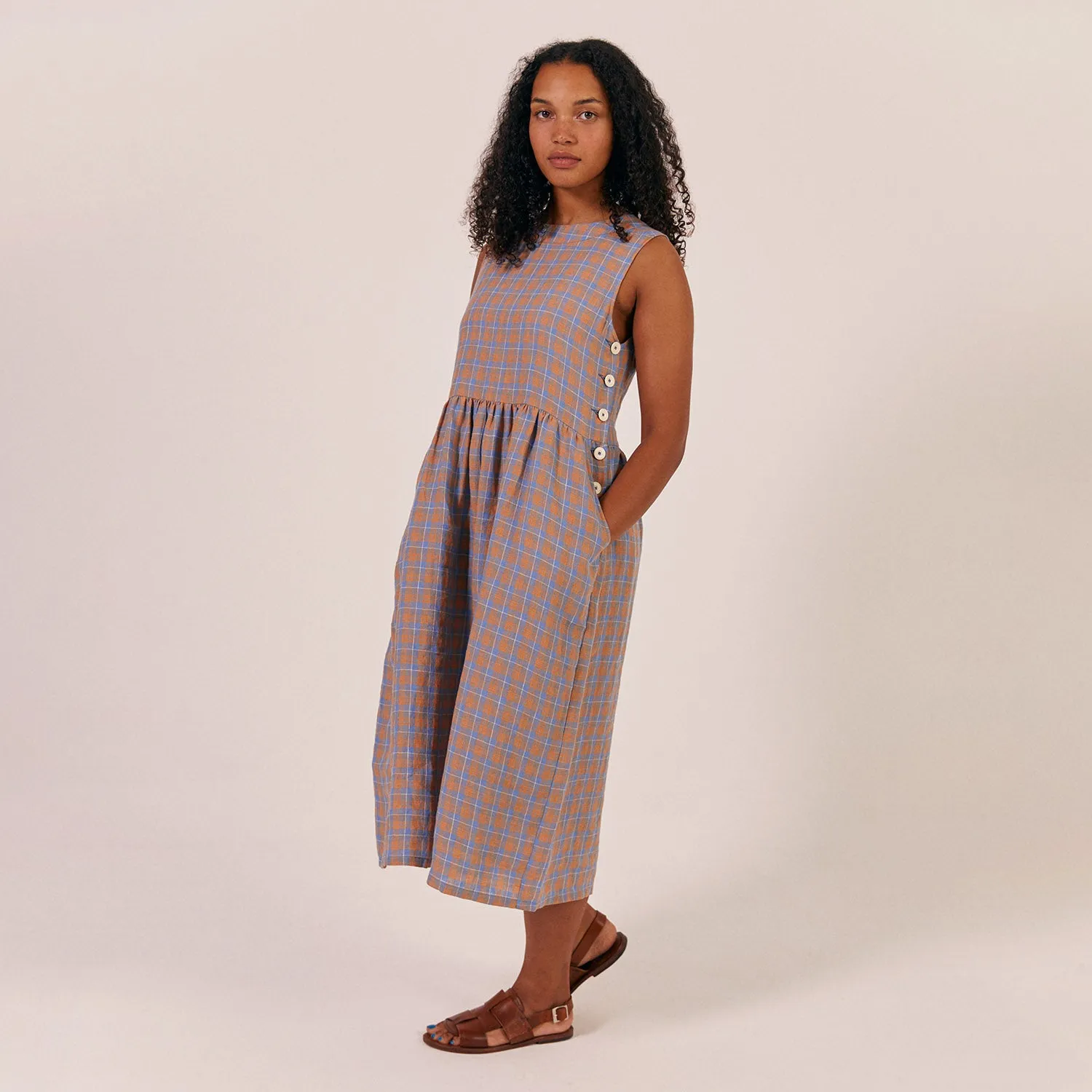 Womens Linen/Cotton Tally Dress - Orange Mix Check