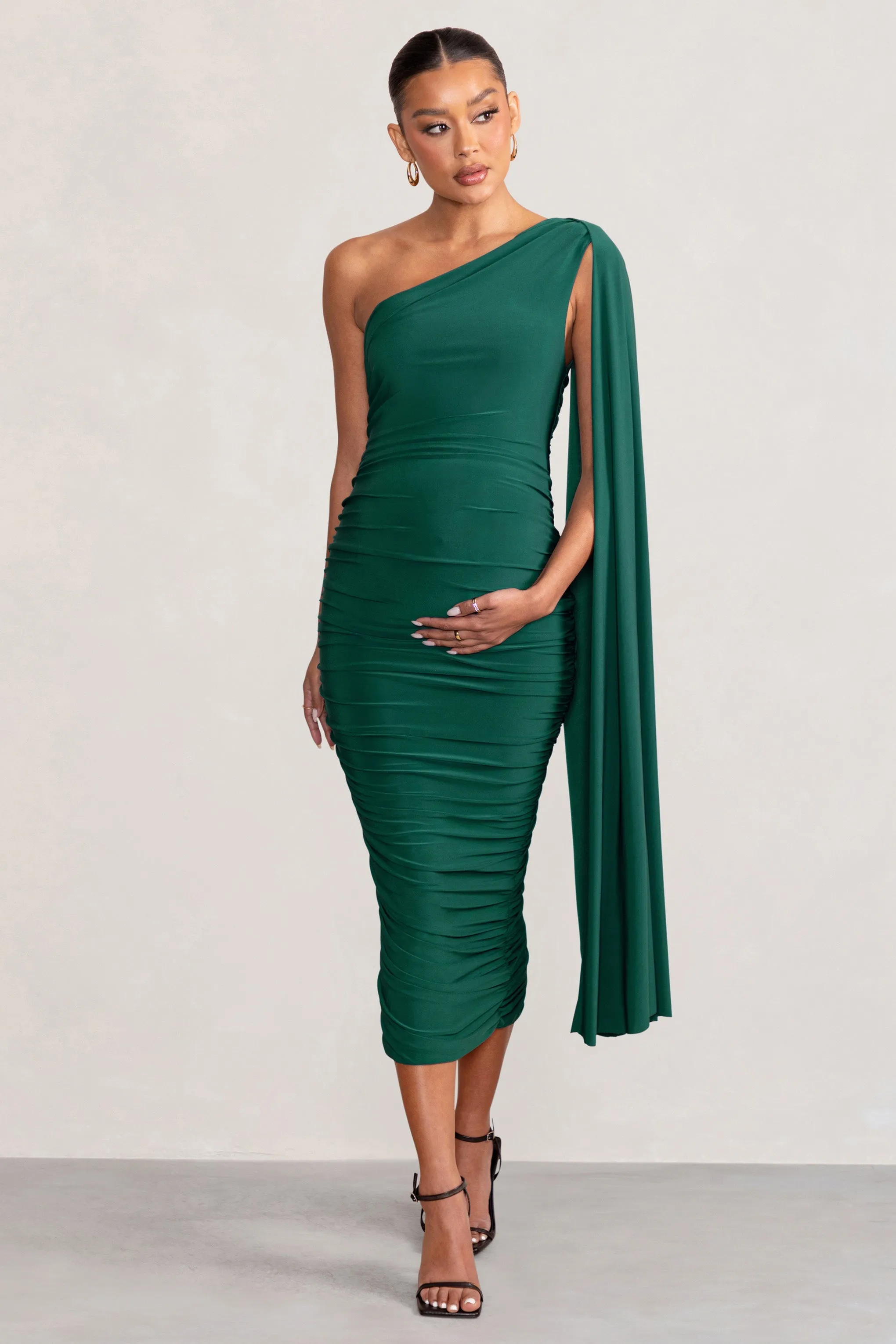 Yara | Bottle Green One Sleeve Ruched Maternity Midi Dress with Cape Sleeve