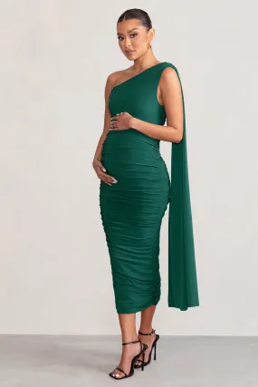 Yara | Bottle Green One Sleeve Ruched Maternity Midi Dress with Cape Sleeve